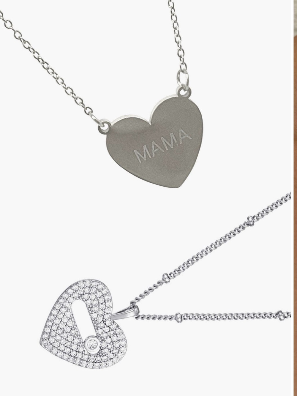 Adornia Set of 2 'MAMA' and Pave' Heart Pendant Necklaces - Silver